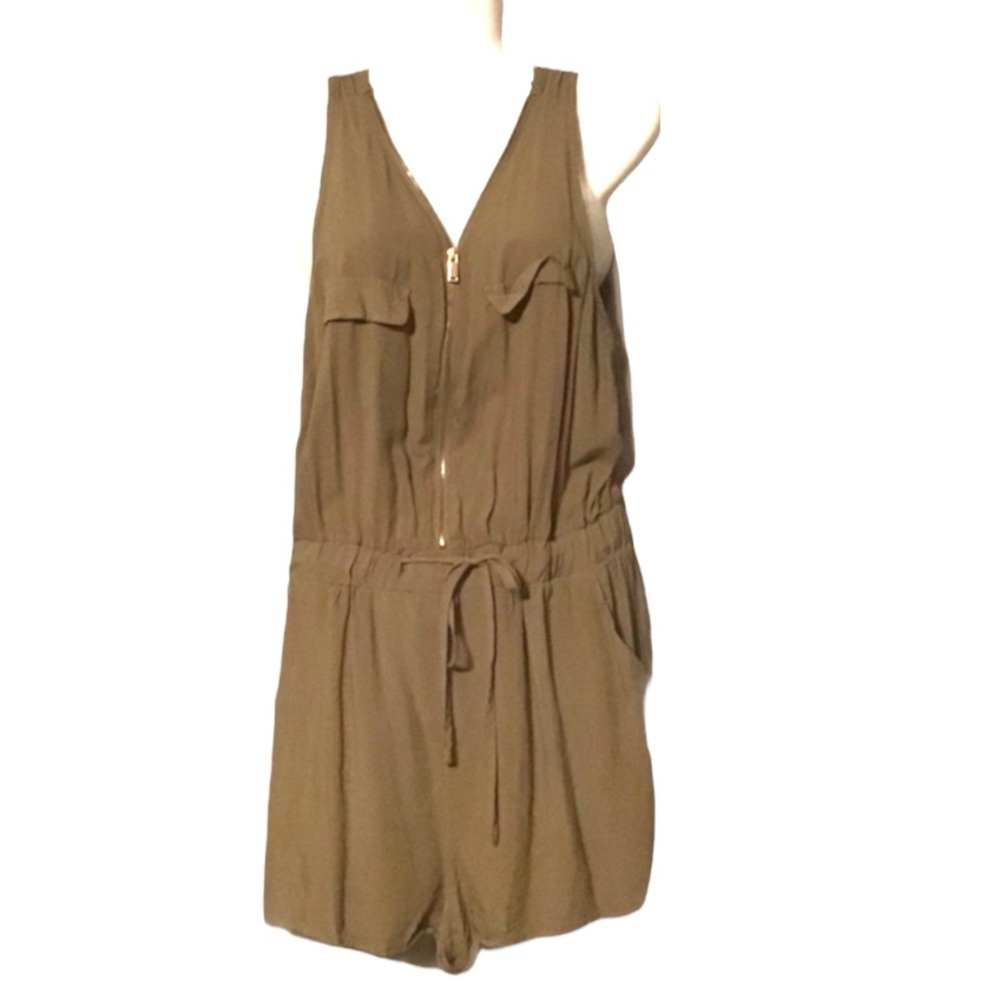 Rue 21 Army Green Elasticized Gold Zip-Up Sleeveless Summer Romper / Shorts